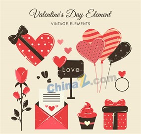 复古红色情人节元素矢量图